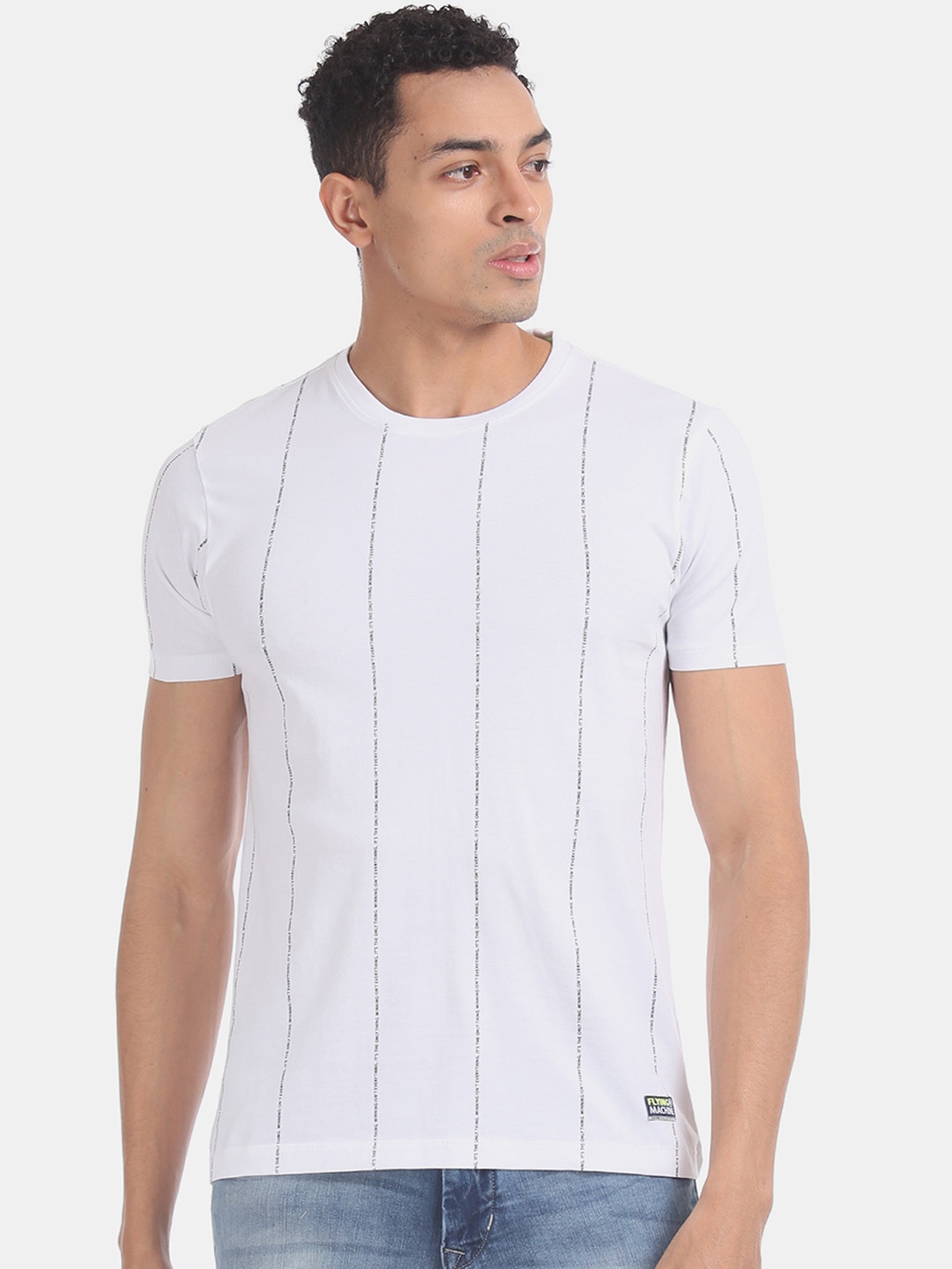 

Flying Machine Men White Striped Round Neck T-shirt