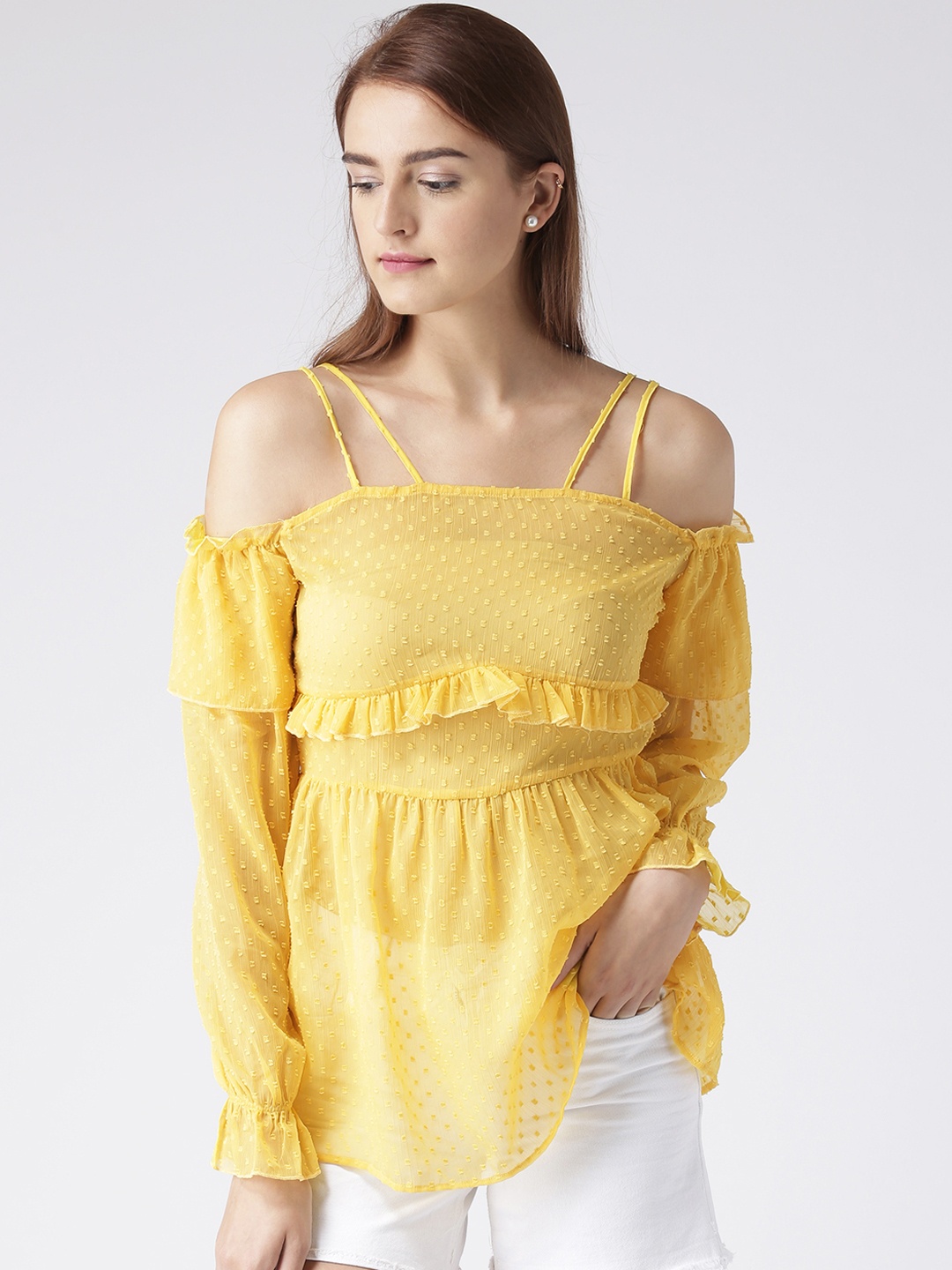 

KASSUALLY Women Yellow Self Design Cinched Waist Top
