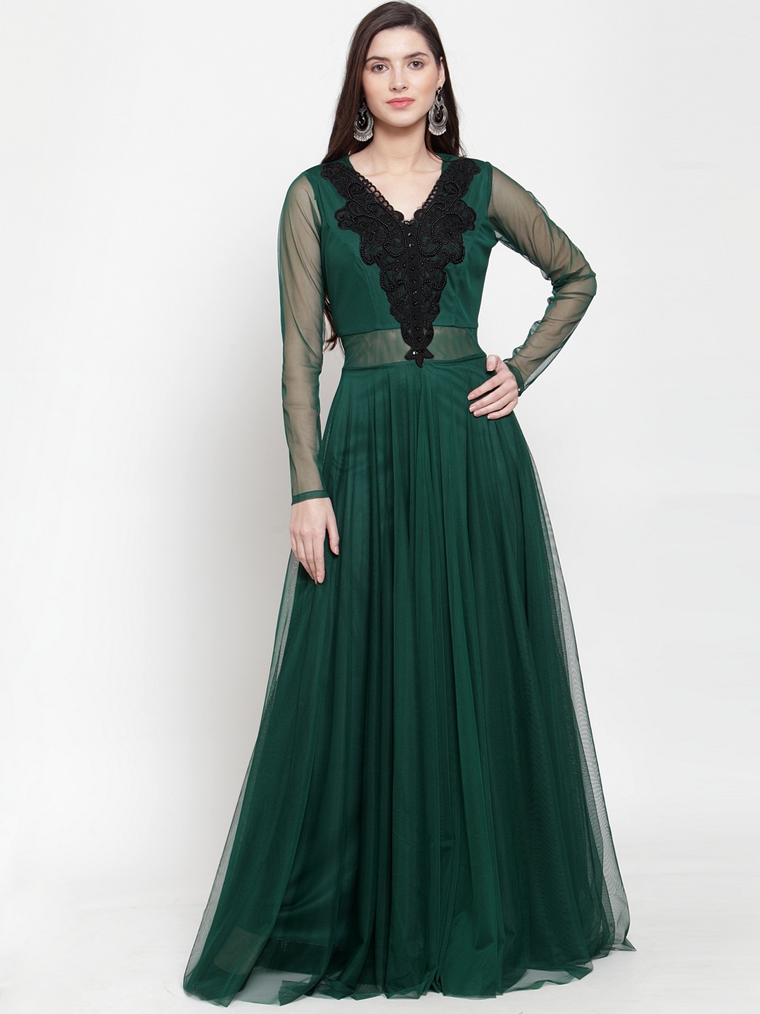 

Just Wow Women Green Solid Net Maxi Dress