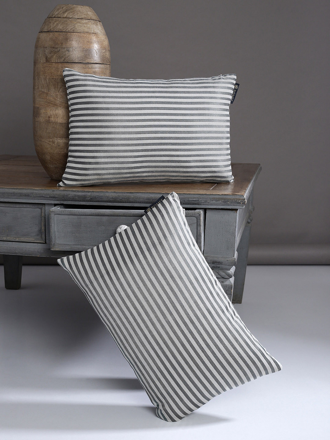 

ROMEE Grey & Off-White Set of 2 Striped Rectangle Cushion Covers