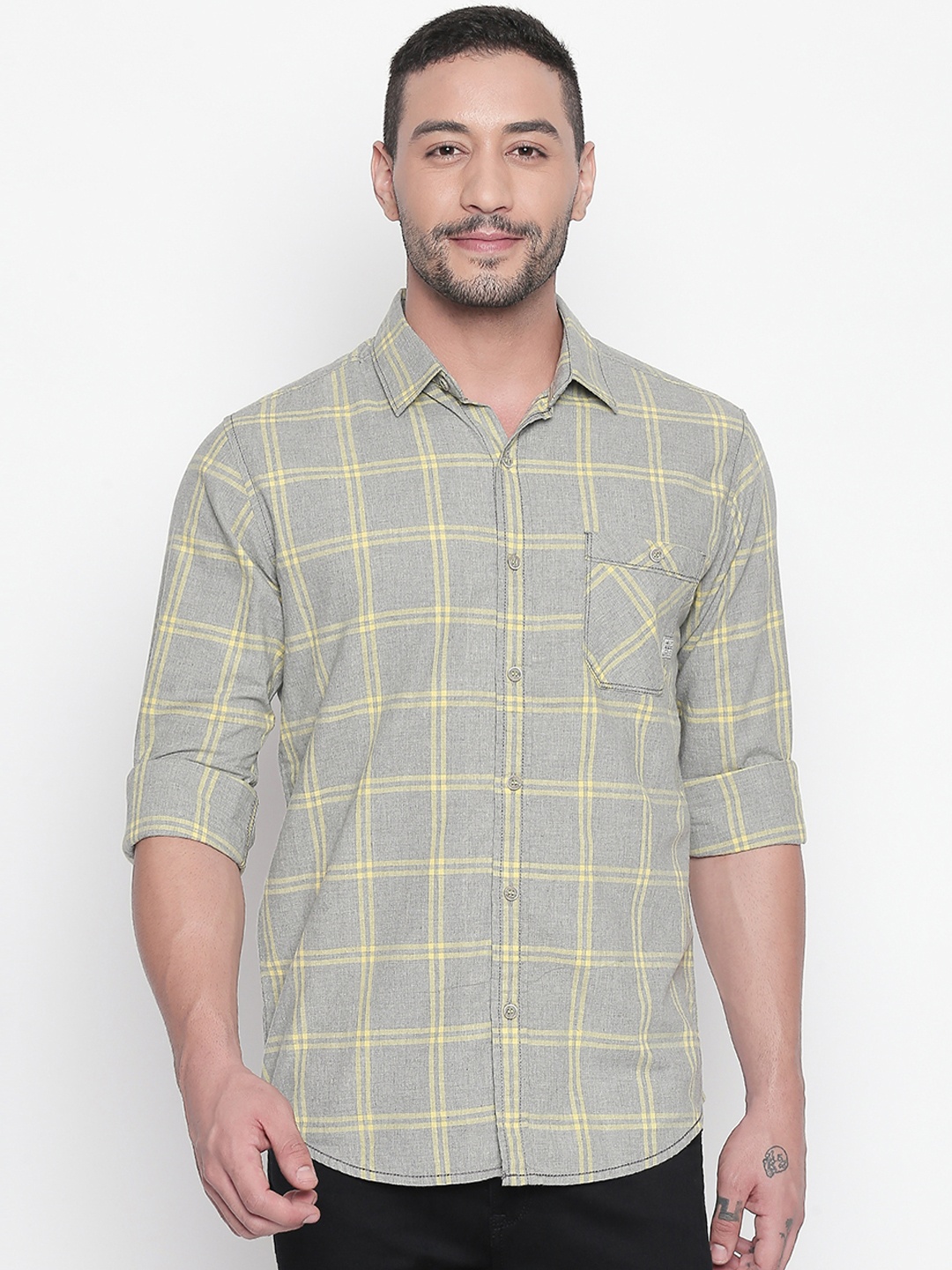 

Mufti Men Grey & Lime Green Slim Fit Checked Casual Shirt
