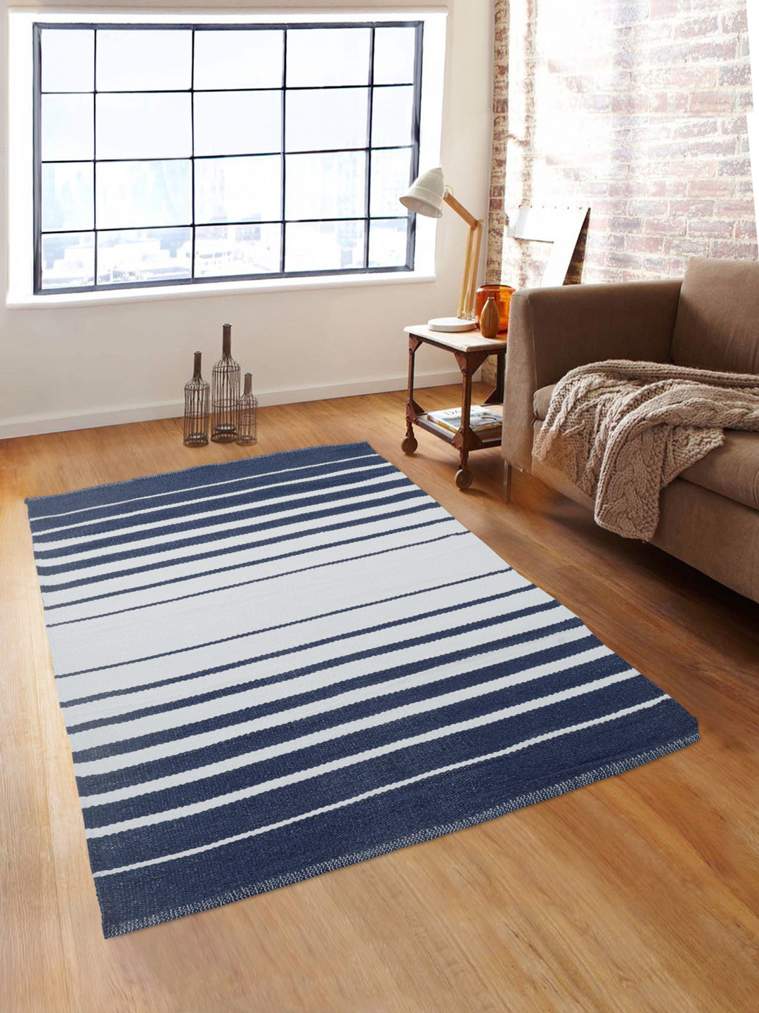 

ROMEE Navy Blue & White Striped Anti-Skid Dhurrie