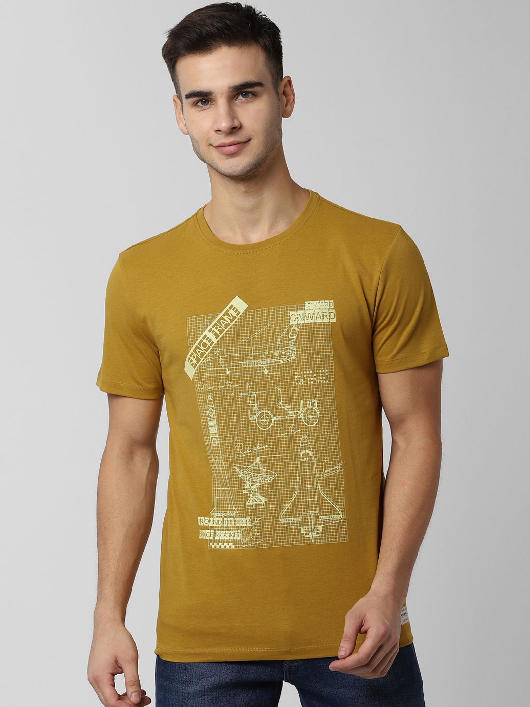 

Peter England Casuals Men Mustard Yellow Printed Slim Fit Round Neck Pure Cotton T-shirt