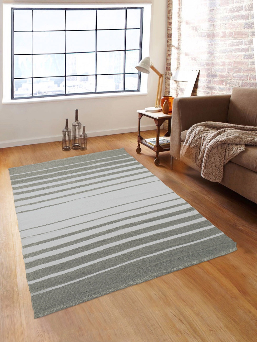 

ROMEE Grey & White Striped Anti-Skid Dhurrie