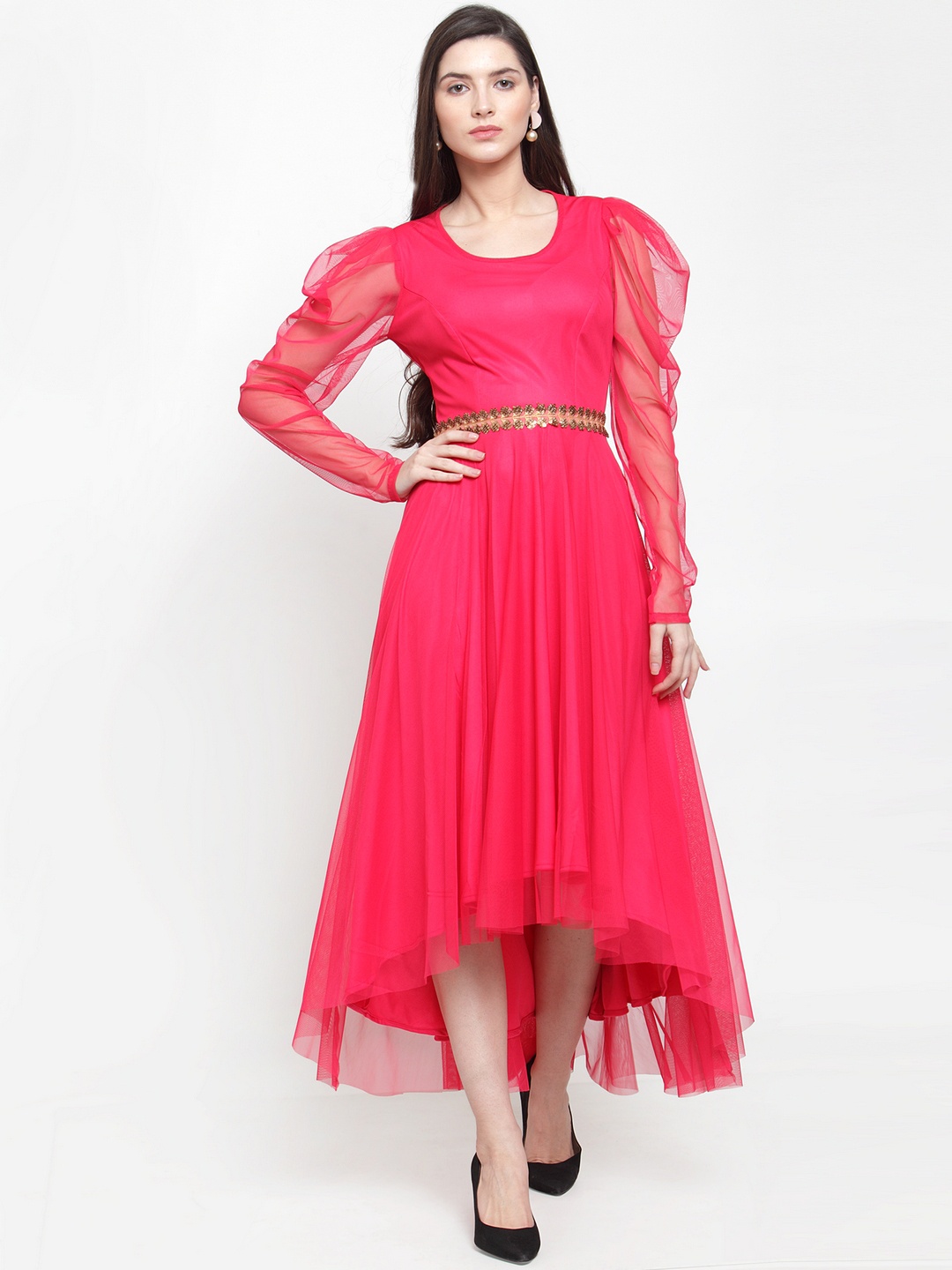 

Just Wow Women Pink Solid Net Maxi Dress