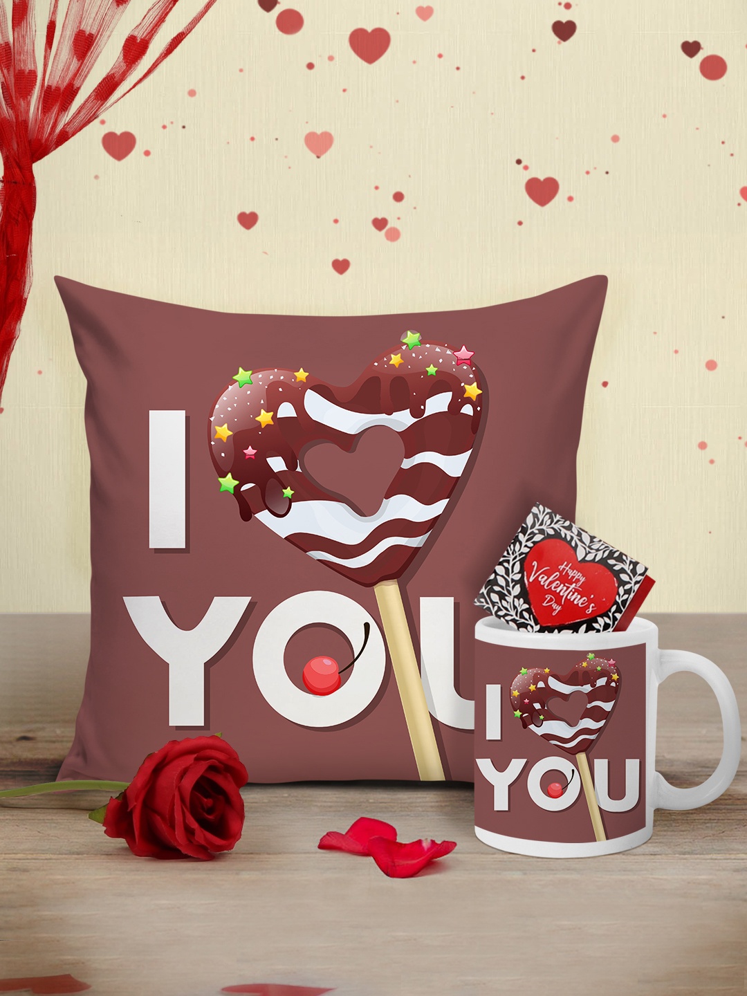 

Tied Ribbons Brown & White Valentine Cushion with Mug, Rose and Mini Card