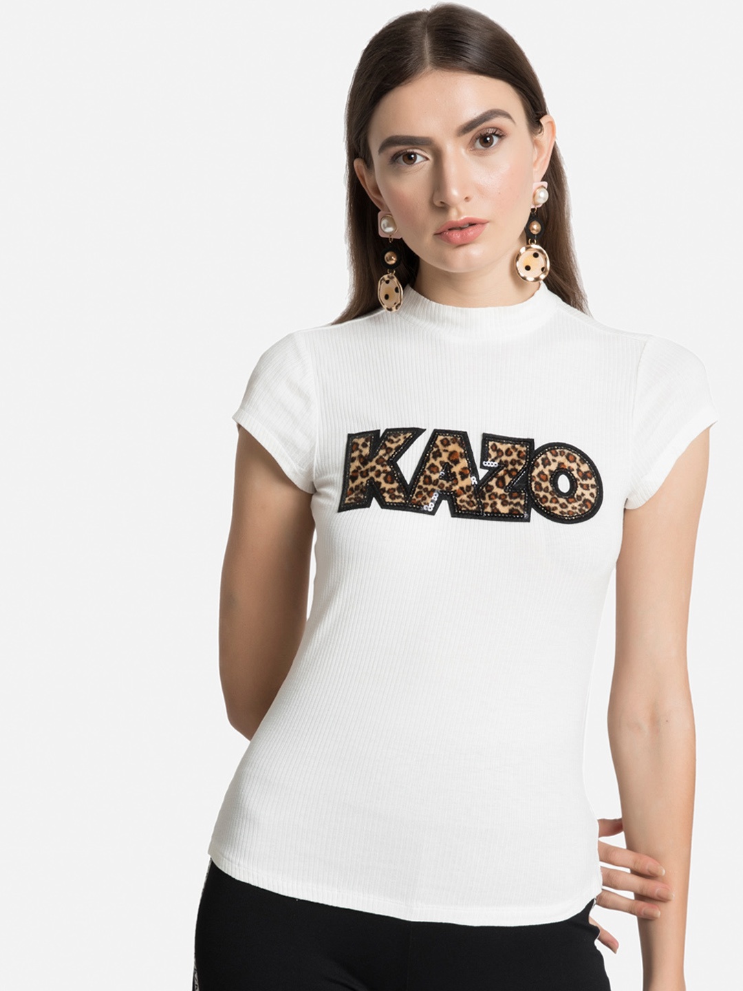 

Kazo Women Cream-Coloured Printed High Neck Pure Cotton T-shirt