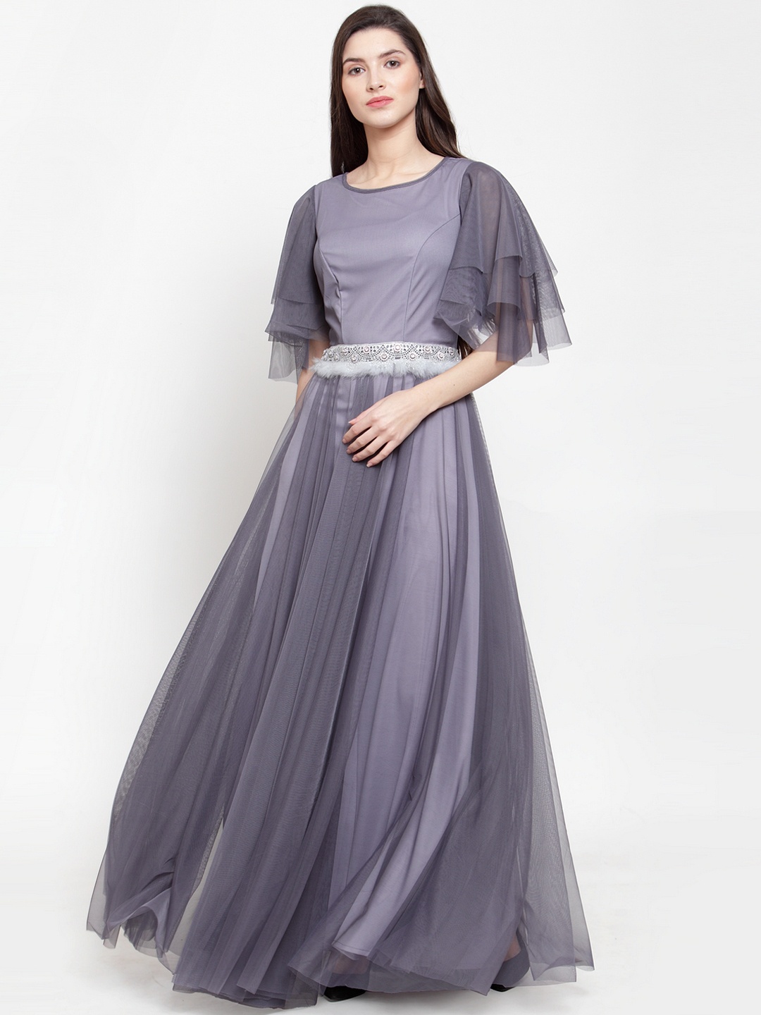 

Just Wow Women Grey Solid Net Maxi Dress