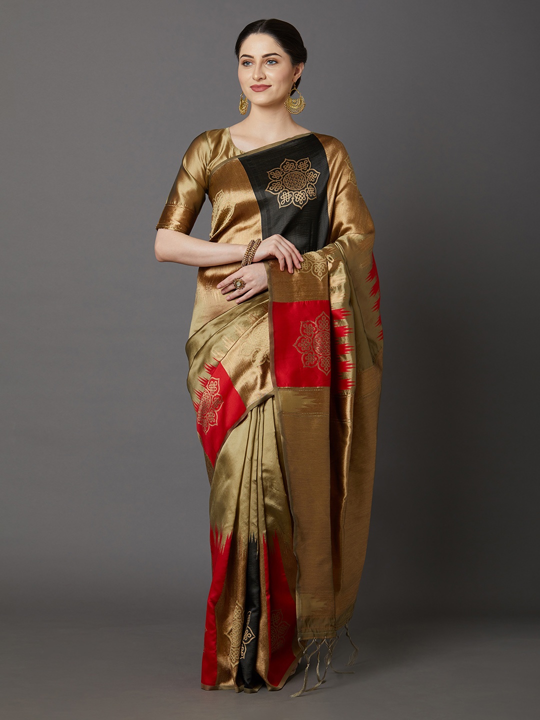 

Mitera Golden & Red Woven Design Saree, Gold
