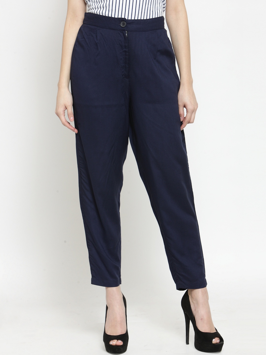 

Sera Women Navy Blue Smart Regular Fit Solid Peg Trousers