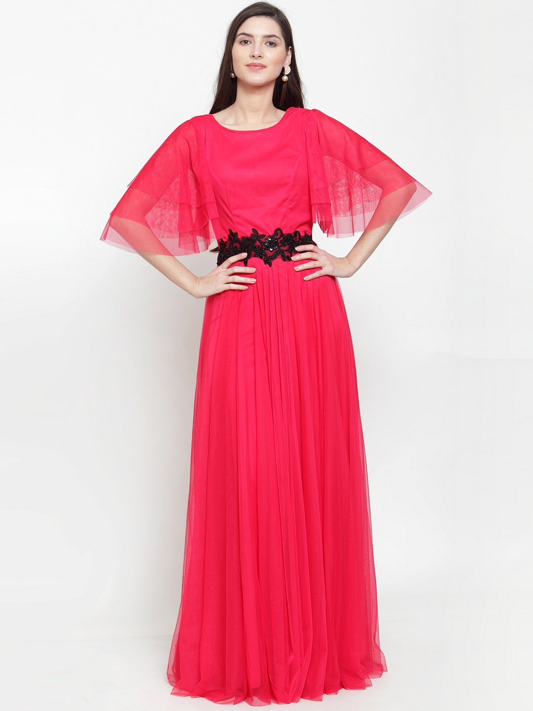 

Just Wow Women Coral Pink Solid Net Maxi Dress
