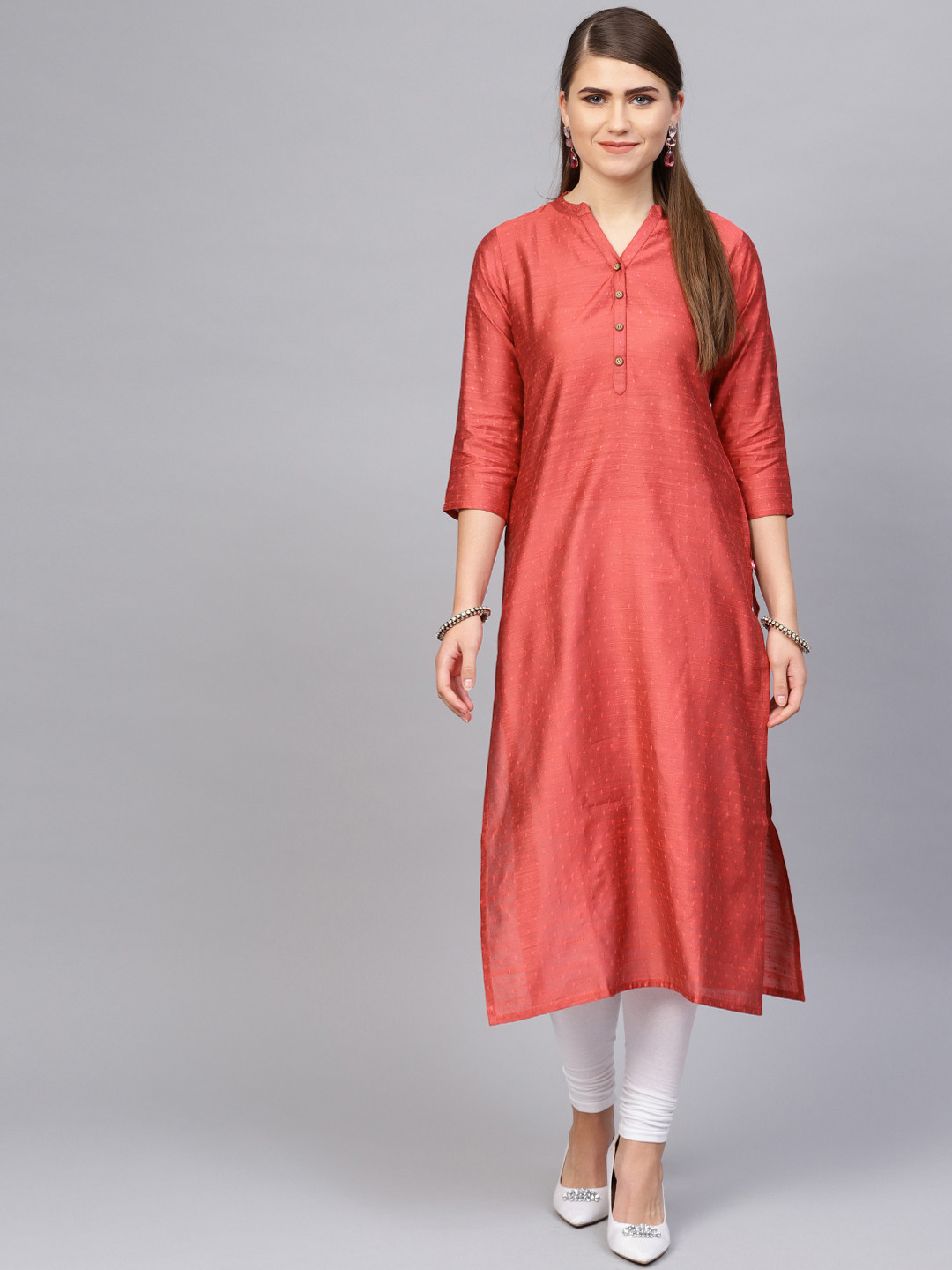 

Varanga Women Coral Red Woven Design Straight Kurta