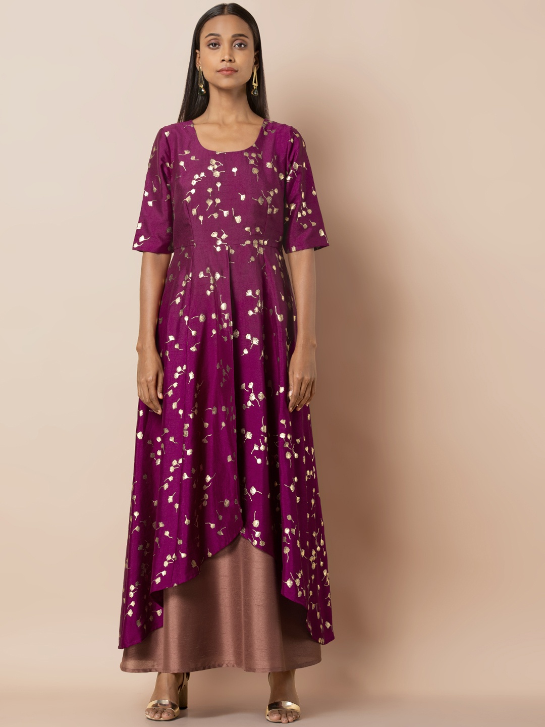 

INDYA Women Wine High Low Printed Kurta with Attached Skirt, Purple