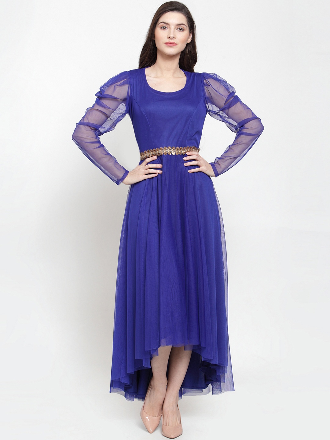 

Just Wow Women Blue Solid Net Maxi Dress