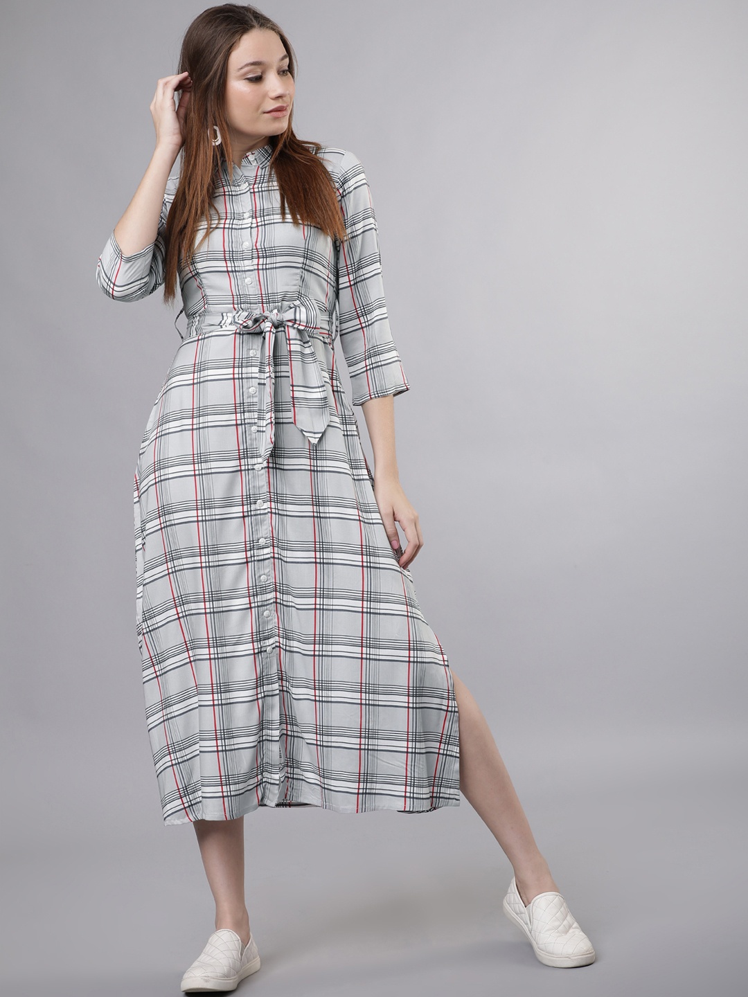 

Tokyo Talkies Women Grey Checked Shirt Dress