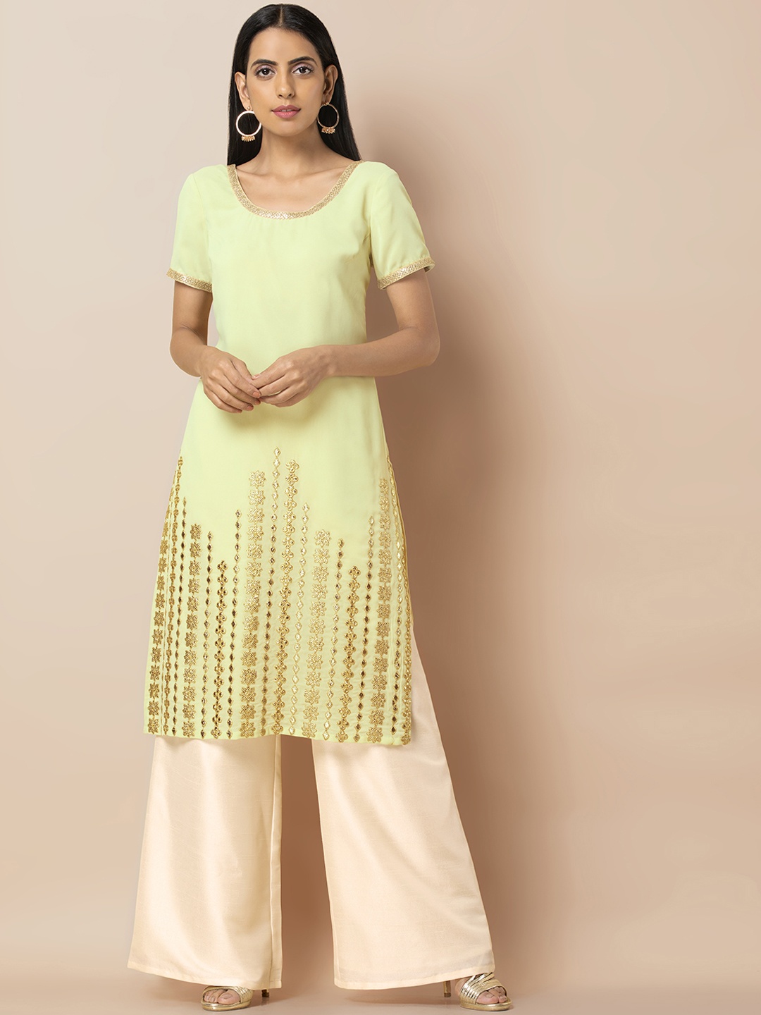 

Rang by Indya Women Green & Gold-Coloured Embroidered Straight Kurta