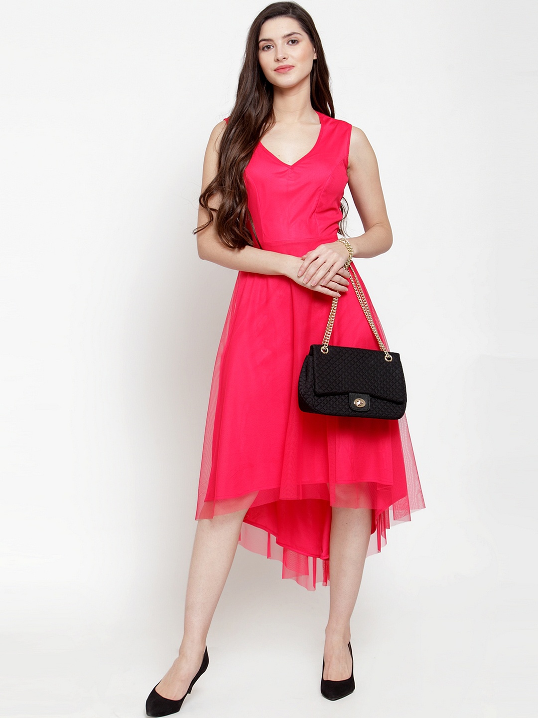 

Just Wow Women Pink Solid Net Fit and Flare Dress