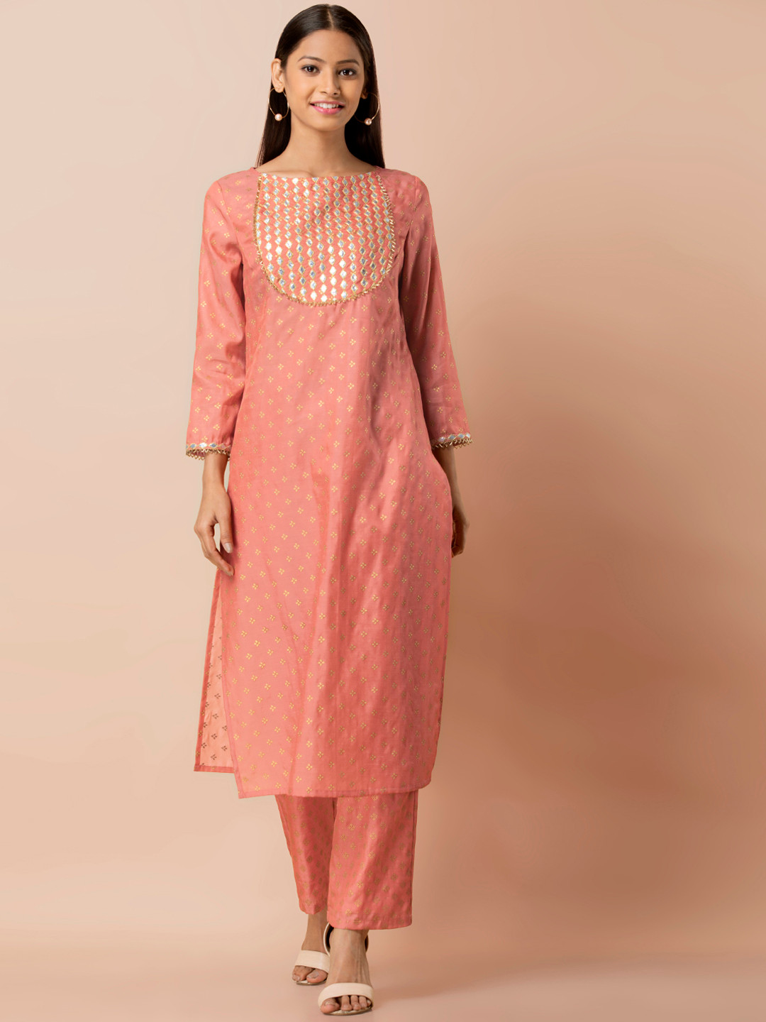 

INDYA Women Orange & Gold-Coloured Embellished Straight Kurta