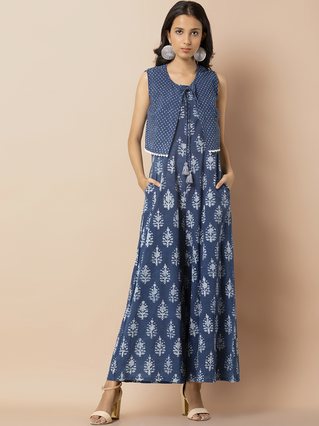 

INDYA Women Indigo Block Print Cotton Jumpsuit with Jacket, Navy blue