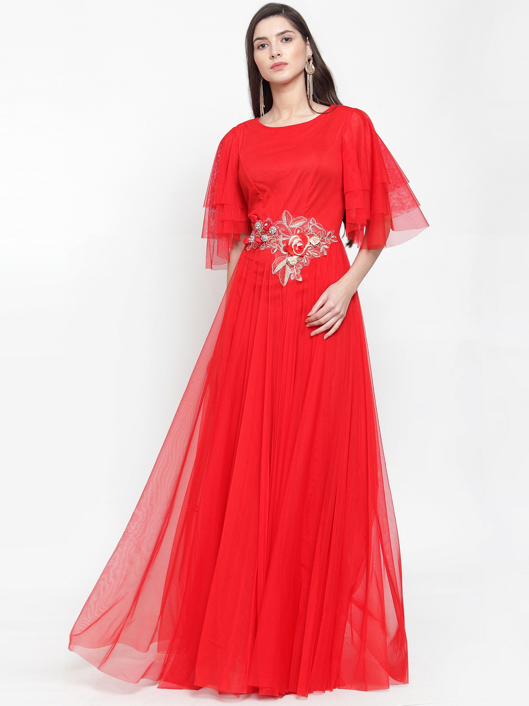 

Just Wow Women Red Solid Net Maxi Dress