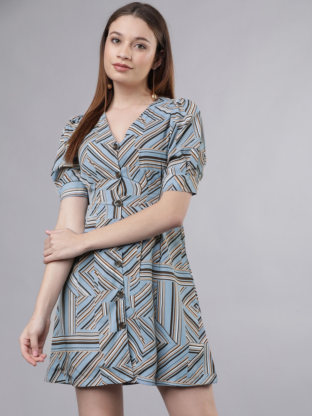 

Tokyo Talkies Women Blue & Brown Striped Empire Dress