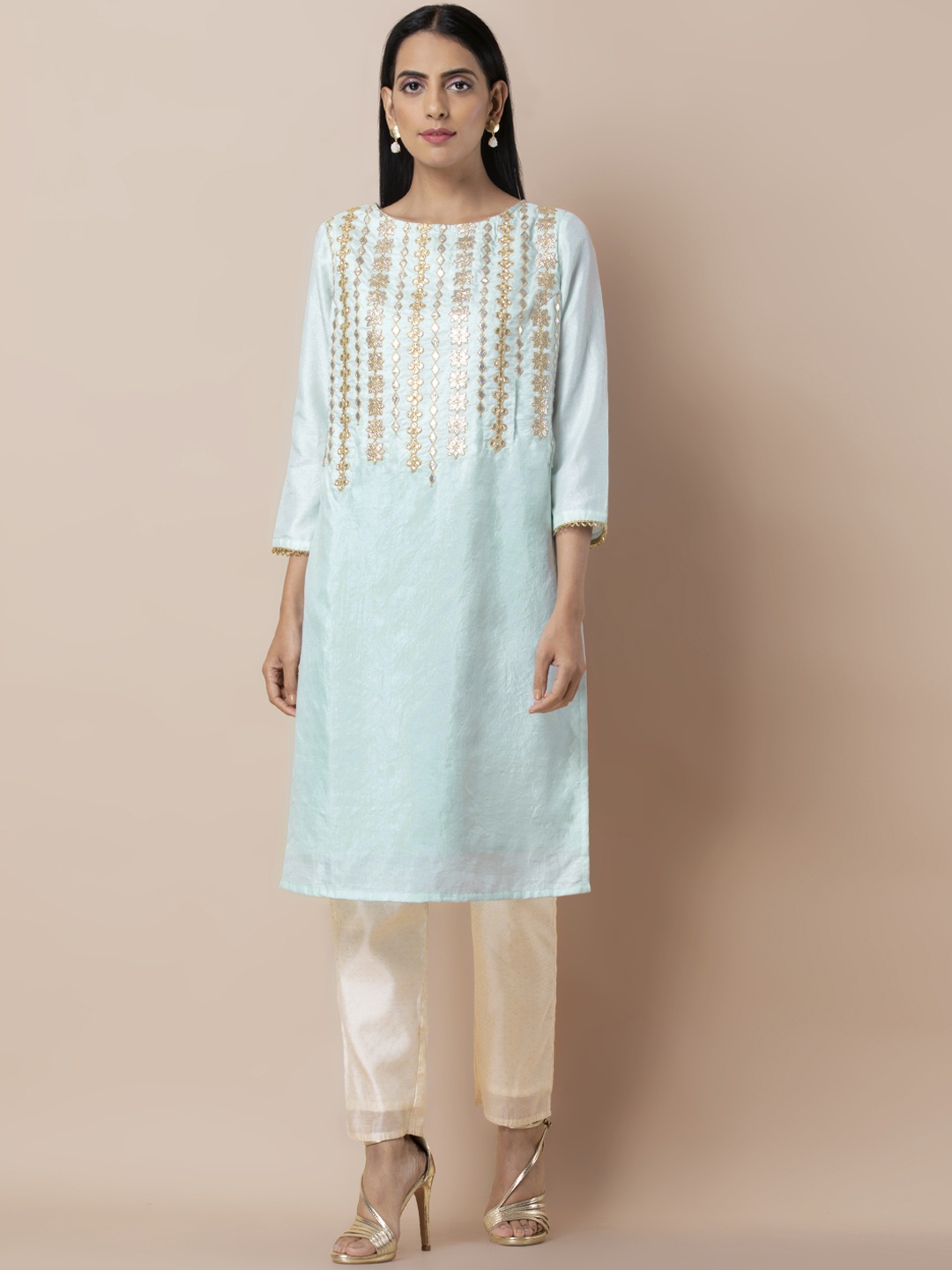 

INDYA Women Blue & Gold-Coloured Embroidered Straight Kurta