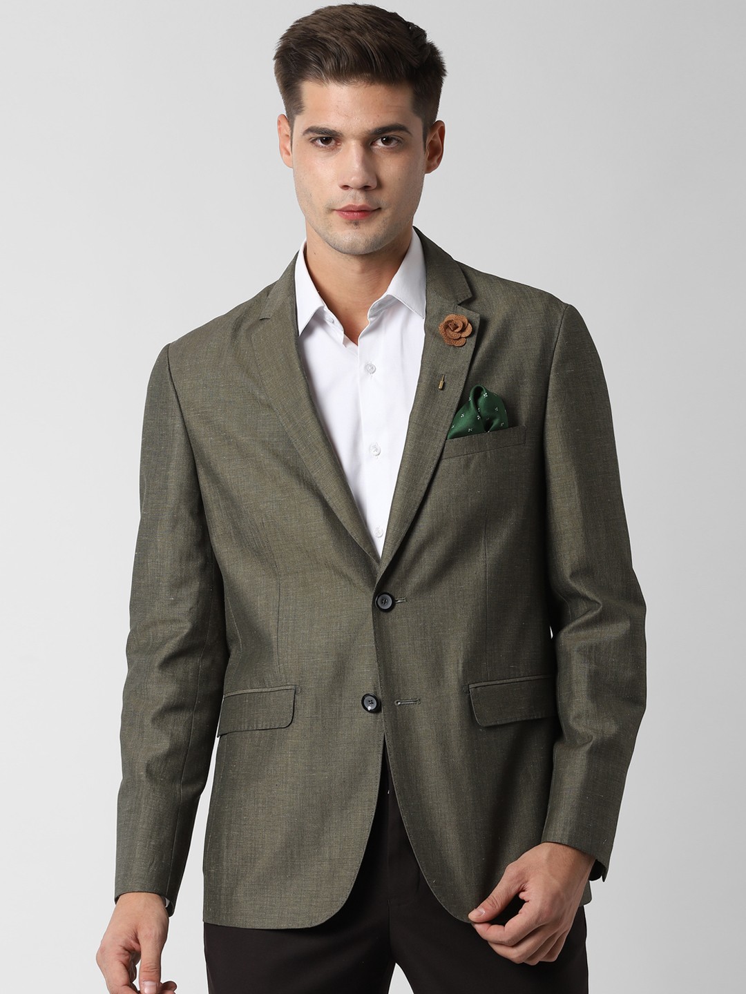 

Peter England Men Olive Green Self Design Slim-Fit Single-Breasted Formal Blazer