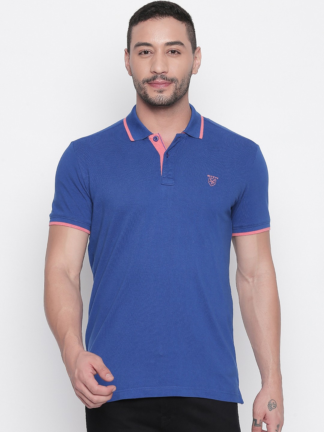 

Mufti Men Blue Solid Slim Fit Polo Collar Pure Cotton T-shirt