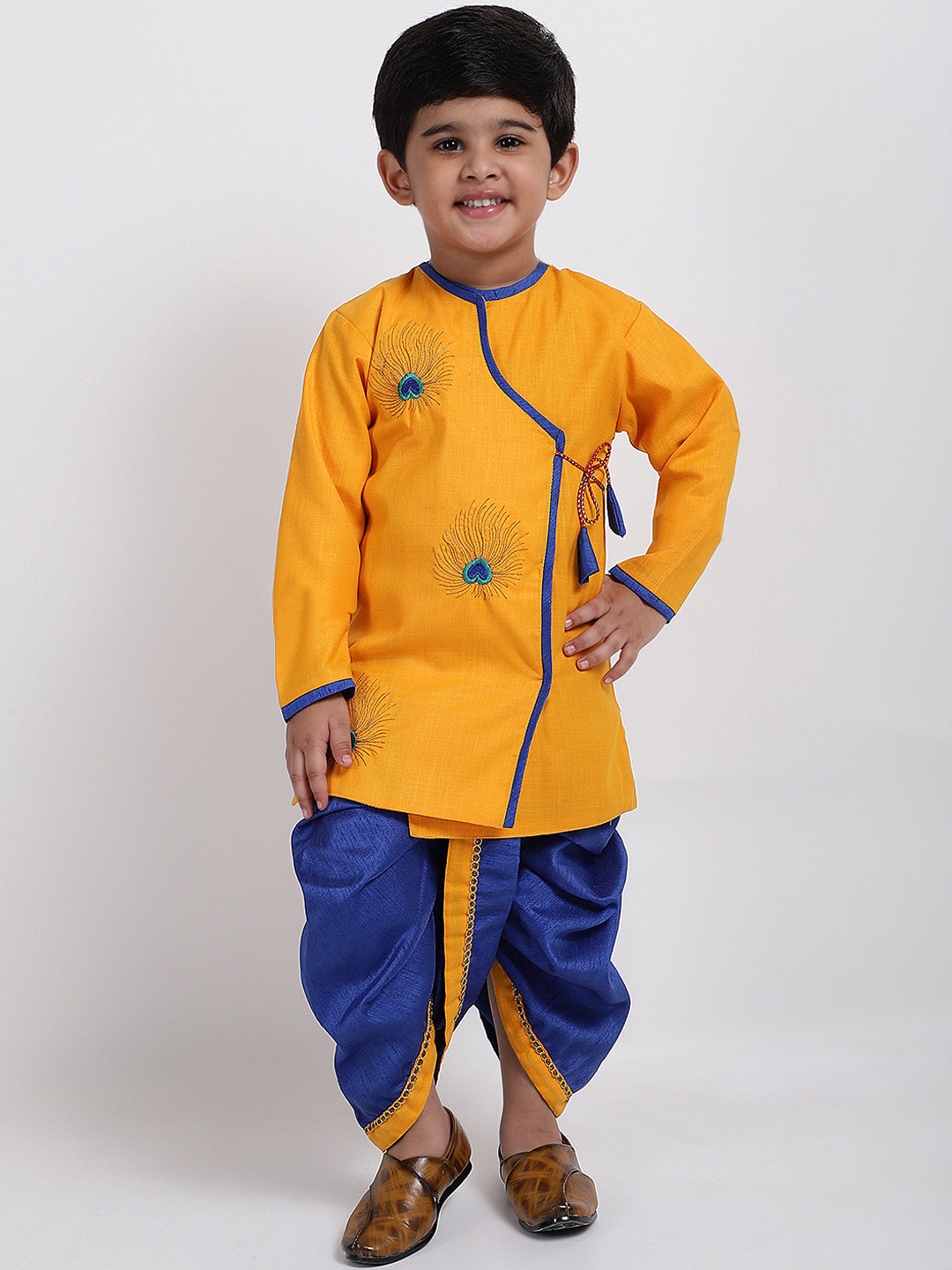 

ahhaaaa Boys Yellow & Blue Embroidered Kurta with Dhoti Pants