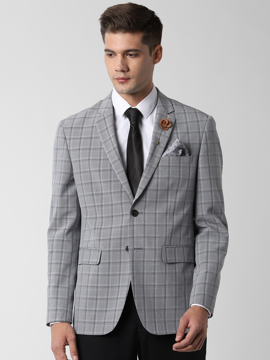 

Peter England Men Grey Checked Slim-Fit Single-Breasted Formal Blazer