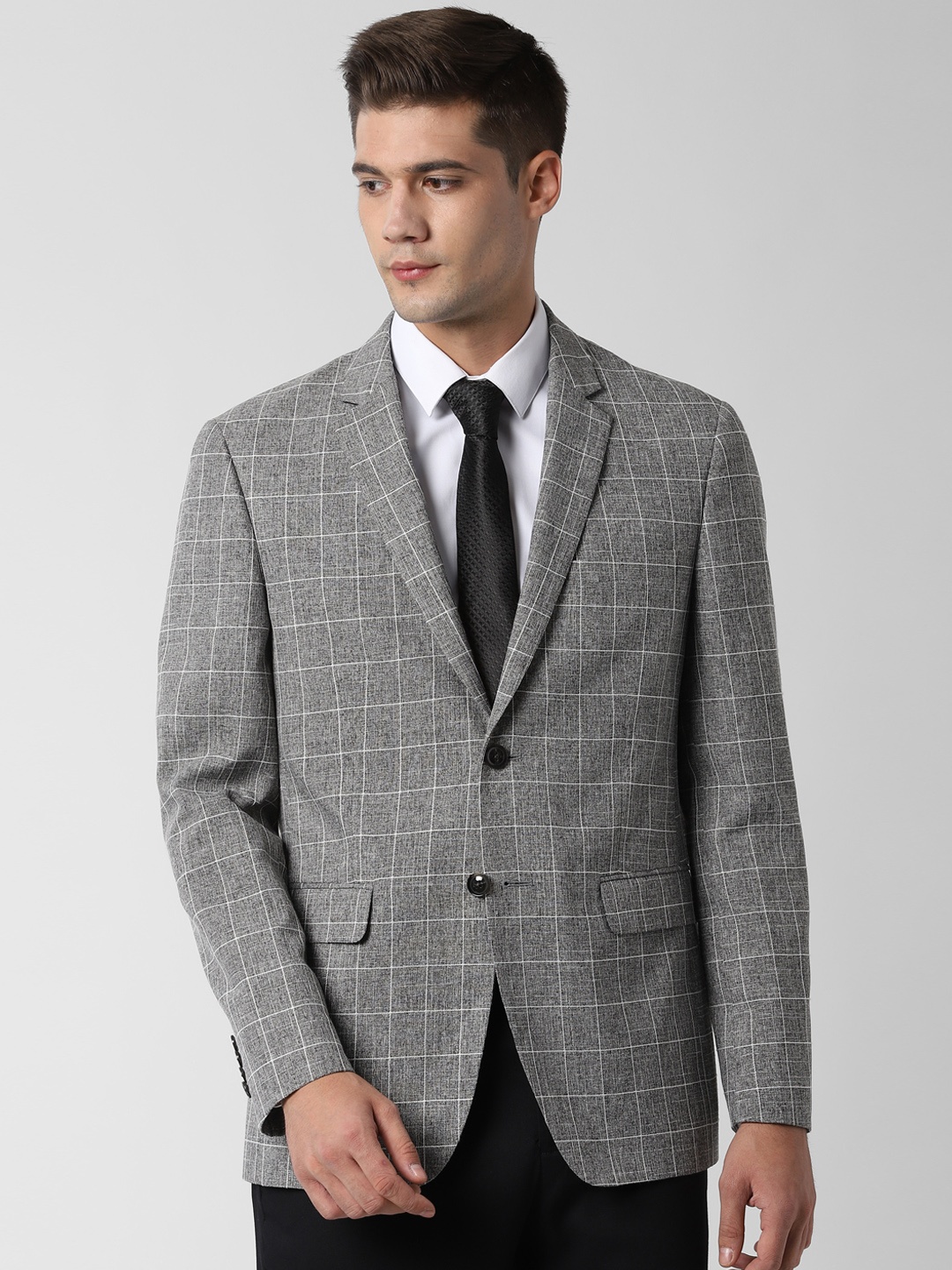 

Peter England Men Grey & White Checked Slim-Fit Single-Breasted Casual Blazer