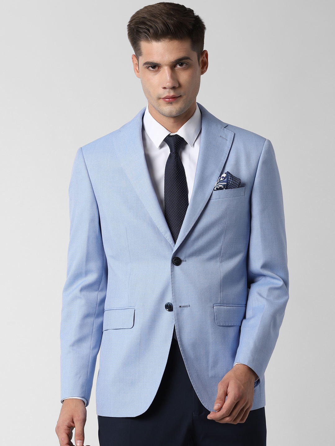 Peter England Men Blue Self Design Slim-Fit Single-Breasted Formal Blazer
