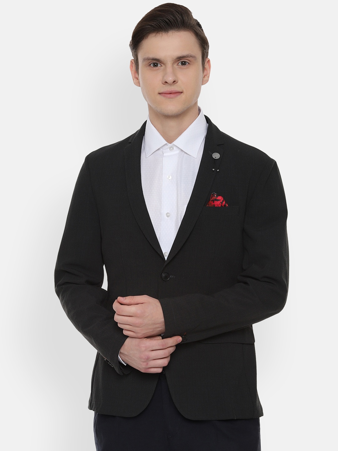 

V Dot Men Black Checked Slim-Fit Single-Breasted Casual Blazer