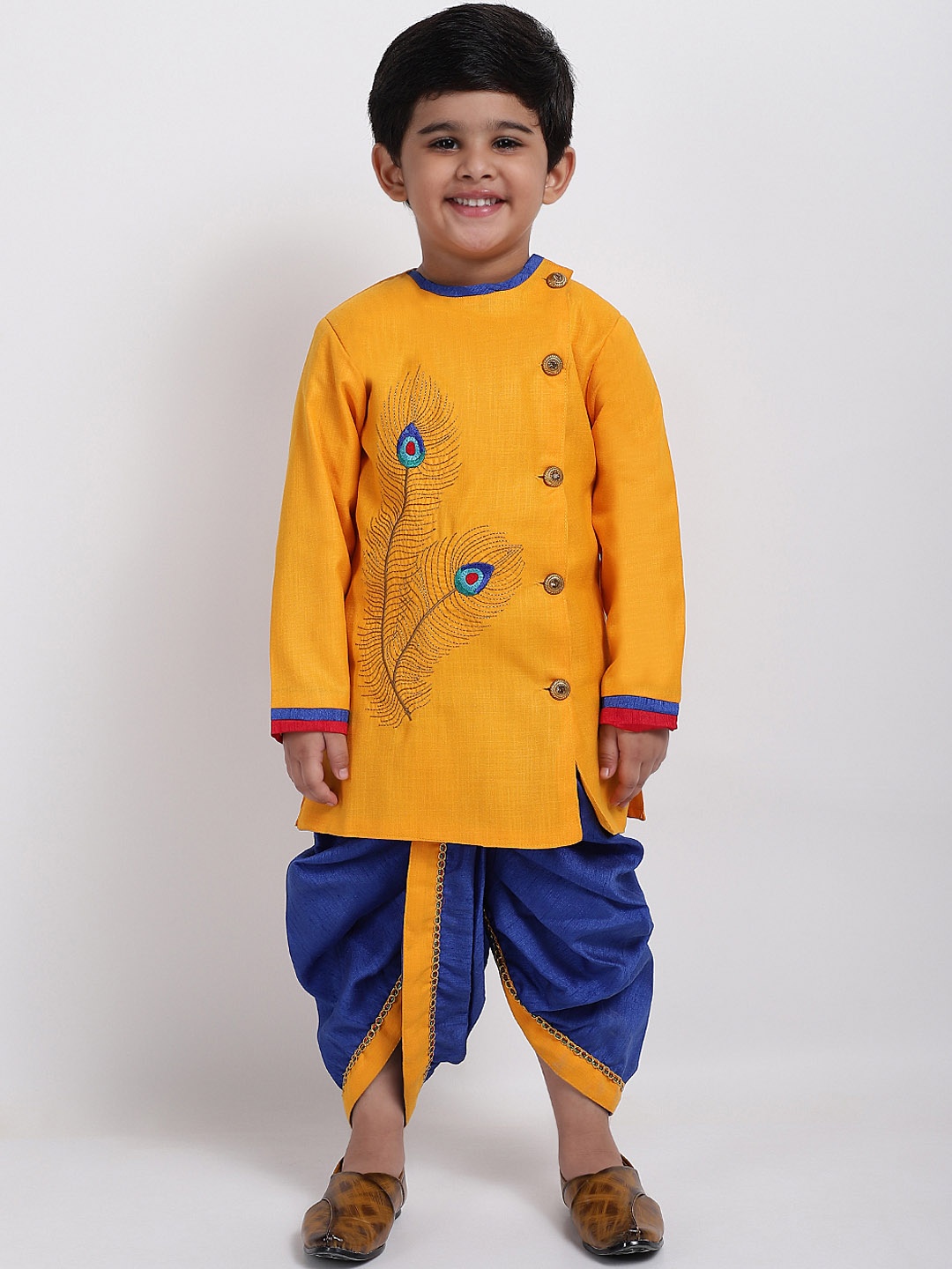 

ahhaaaa Boys Yellow & Blue Embroidered Kurta with Dhoti Pants
