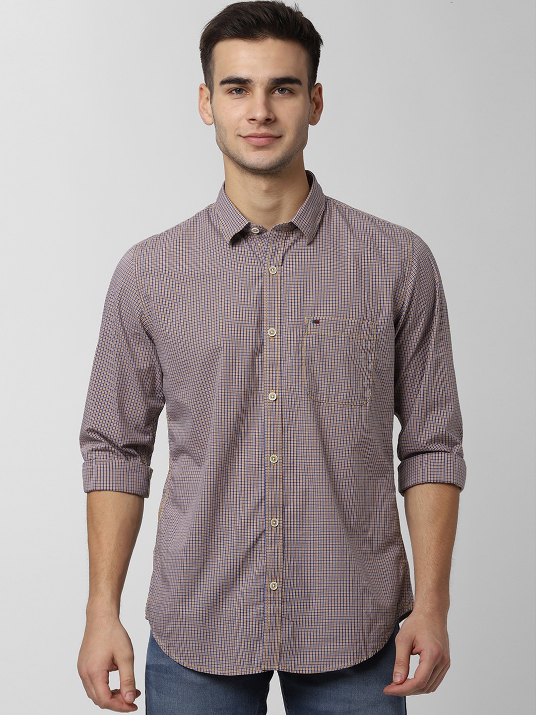 

Peter England Casuals Men Yellow & Blue Slim Fit Checked Formal Shirt
