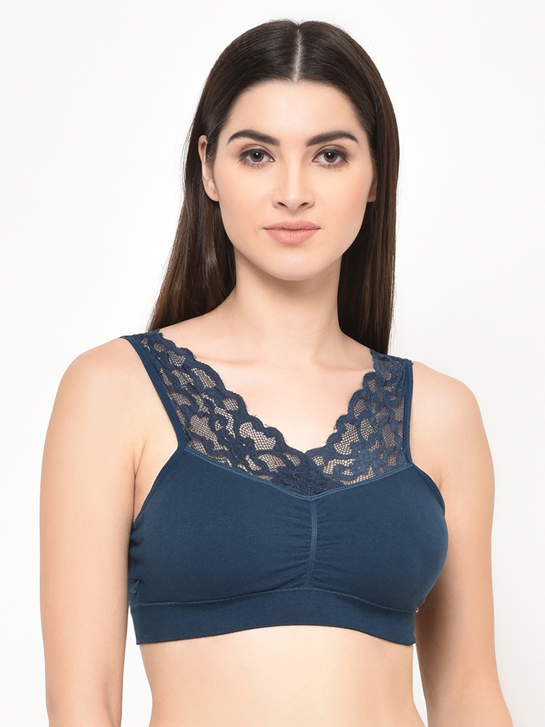 

Da Intimo Navy Blue Lace Non-Wired Lightly Padded Bralette Bra DI-1281-C20