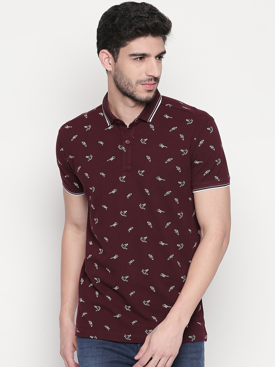 

Mufti Men Maroon White Printed Slim Fit Polo Collar Pure Cotton T-shirt