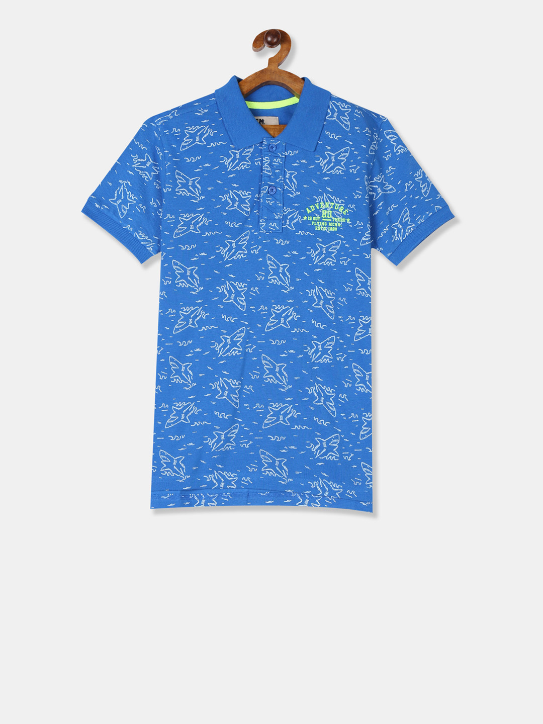 

Flying Machine Boys Blue Printed Polo Collar Pure Cotton T-shirt