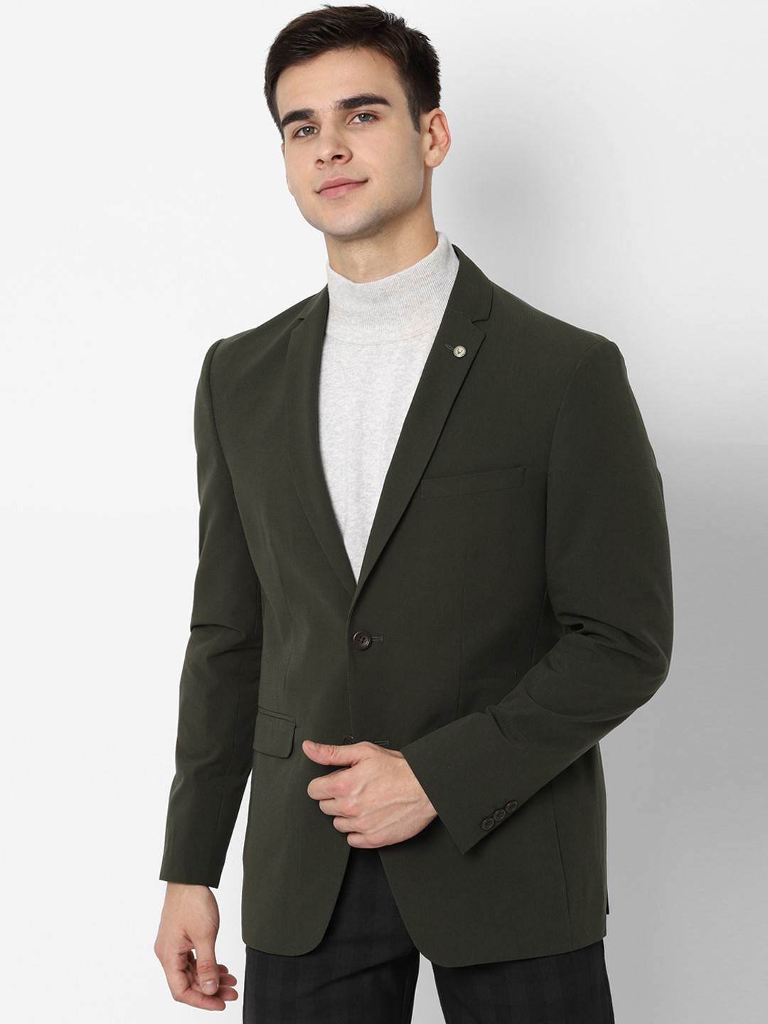 

Allen Solly Men Olive Green Self-Design Slim-Fit Single-Breasted Smart Casual Blazer