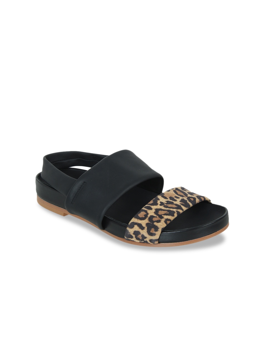 

Clarks Women Beige & Black Leopard Print Leather Open Toe Flats