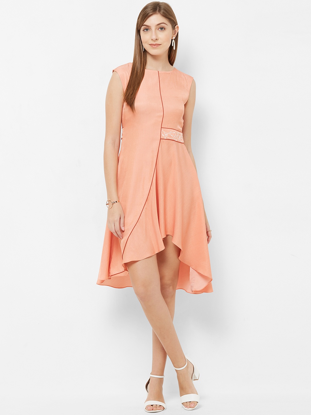 

Soie Women Peach-Coloured Solid Fit and Flare Dress