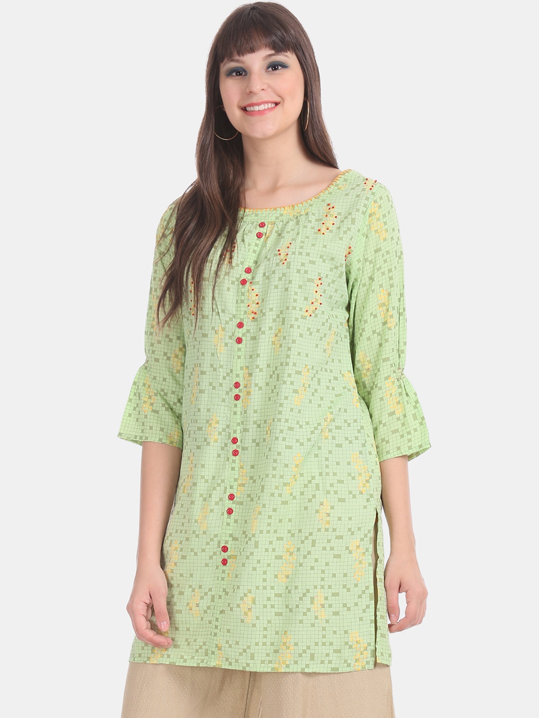 

Karigari Women Green Checked Straight Kurta