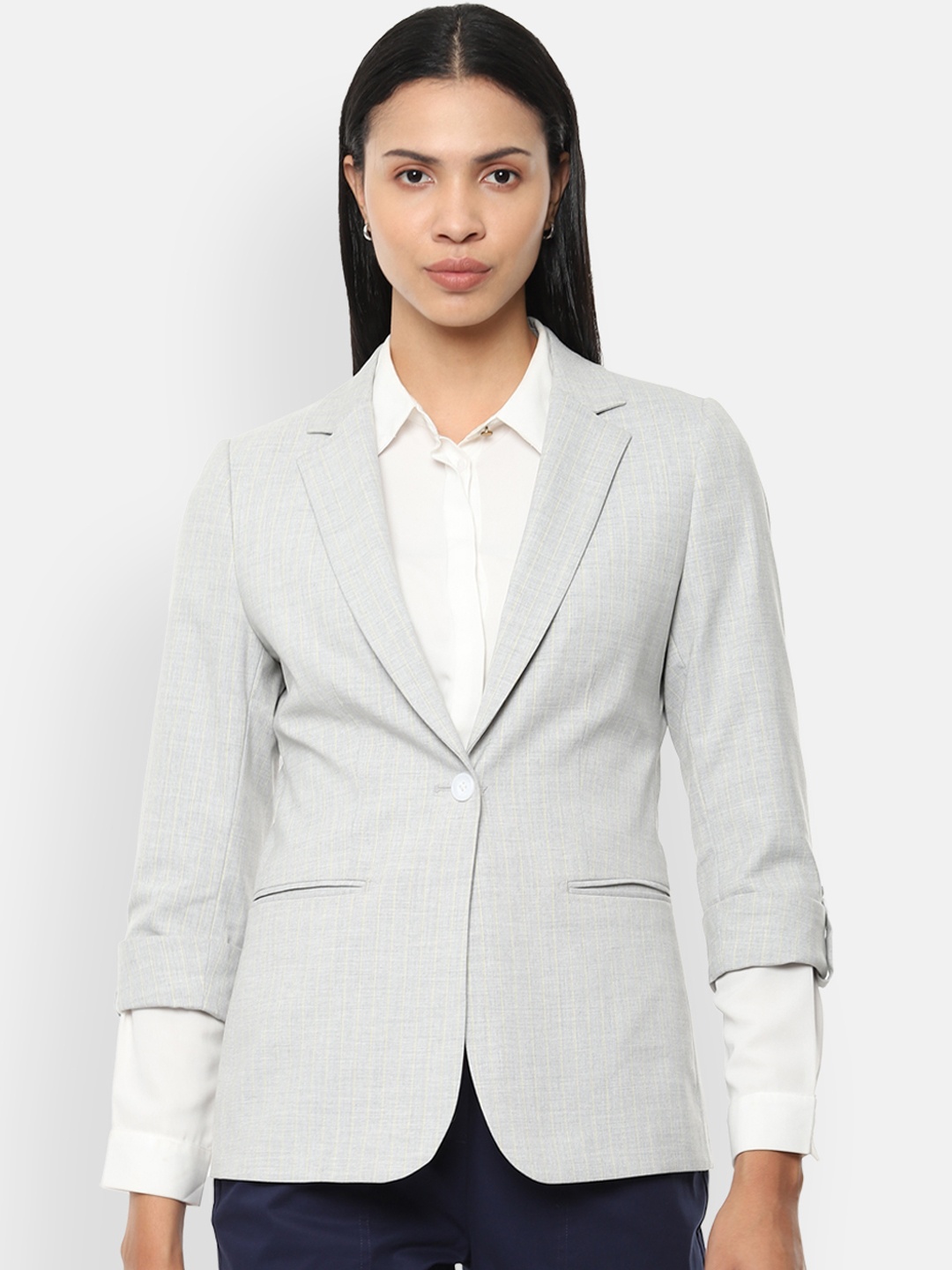 

Van Heusen Woman Grey & Yellow Striped Single-Breasted Casual Blazer