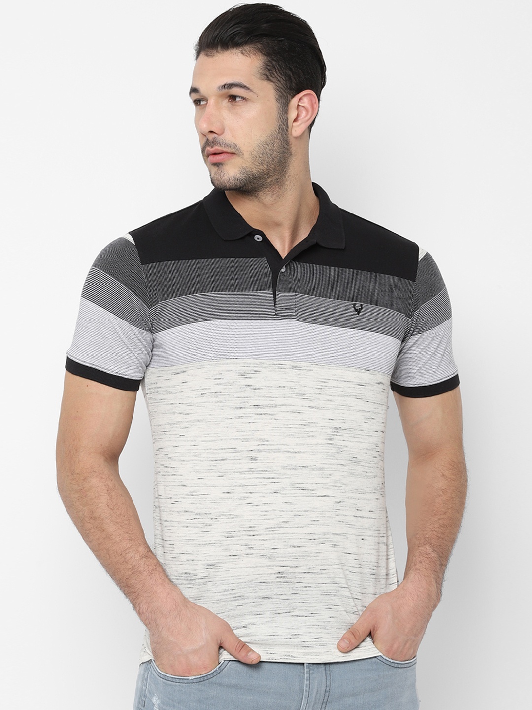 

Allen Solly Men Off-White & Black Striped Polo Collar T-shirt