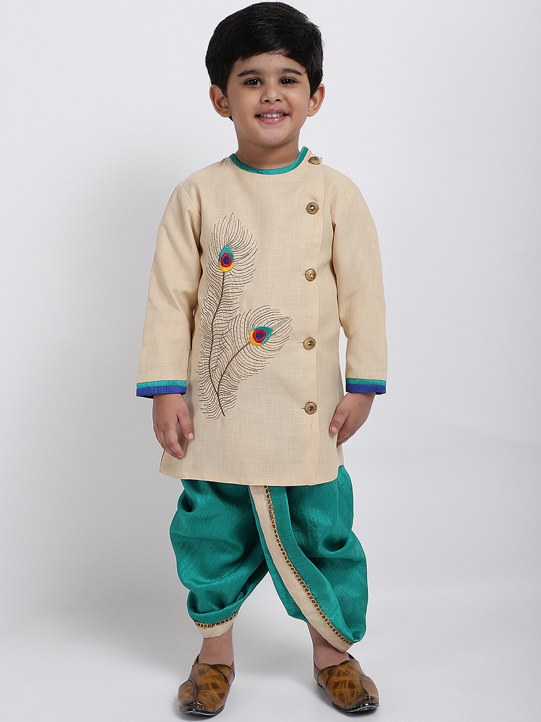 

ahhaaaa Boys Beige & Sea Green Embroidered Kurta with Dhoti Pants