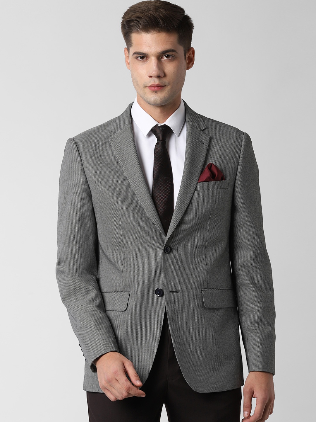

Peter England Men Grey Self Design Slim-Fit Single-Breasted Formal Blazer