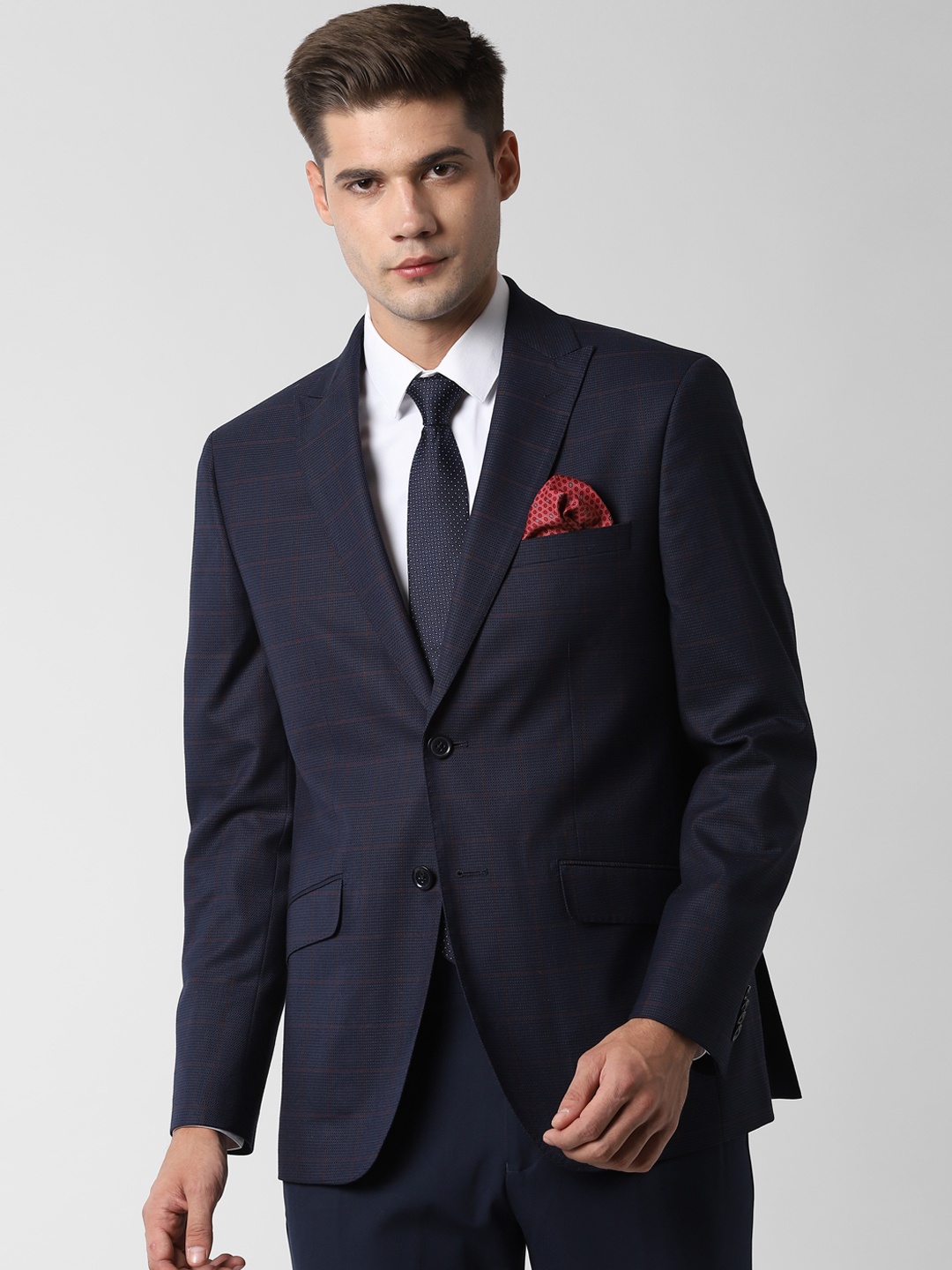 

Peter England Men Navy Blue Checked Slim-Fit Single-Breasted Formal Blazer