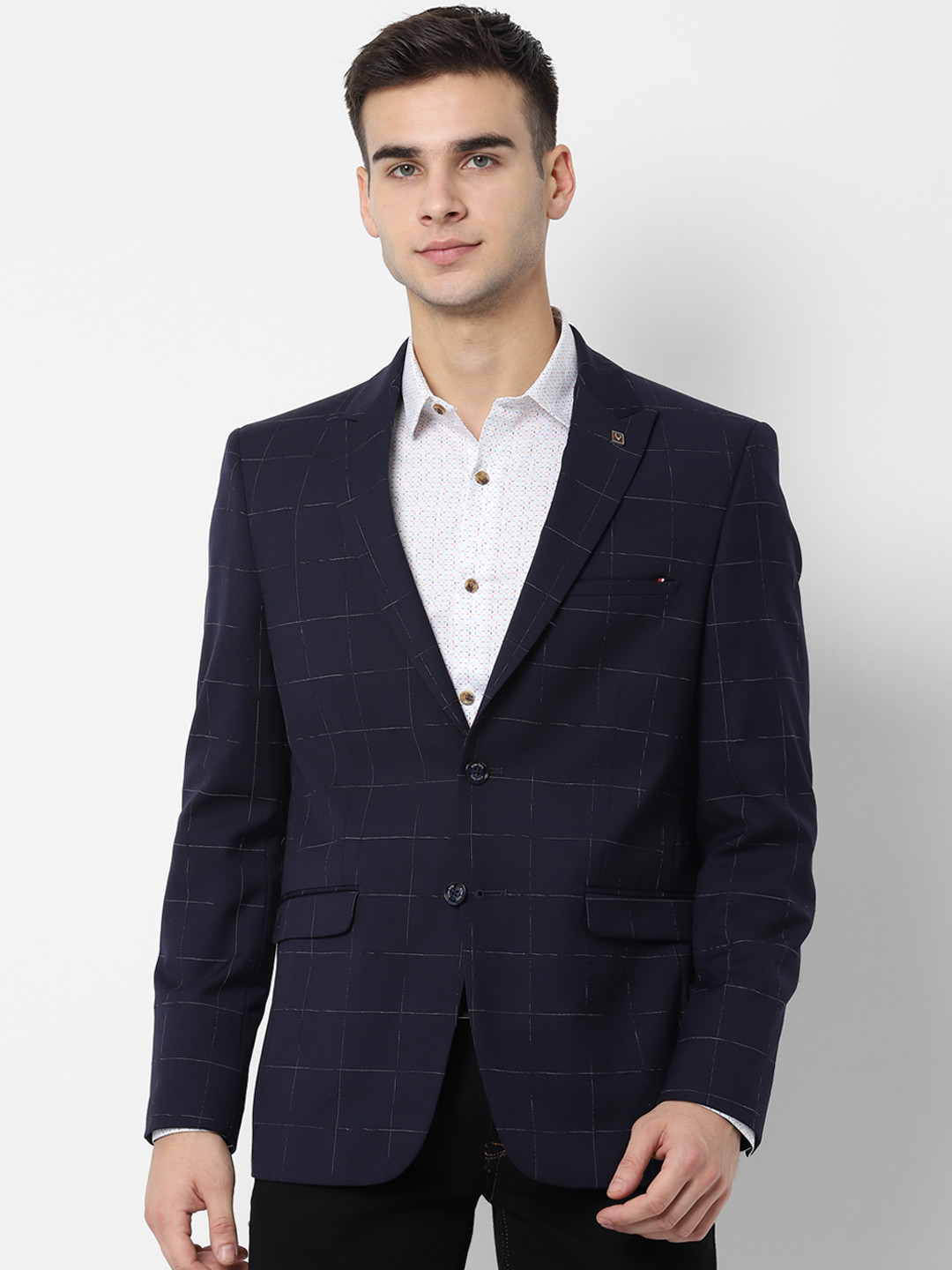 

Allen Solly Men Navy Blue Checked Slim-Fit Single-Breasted Casual Blazer