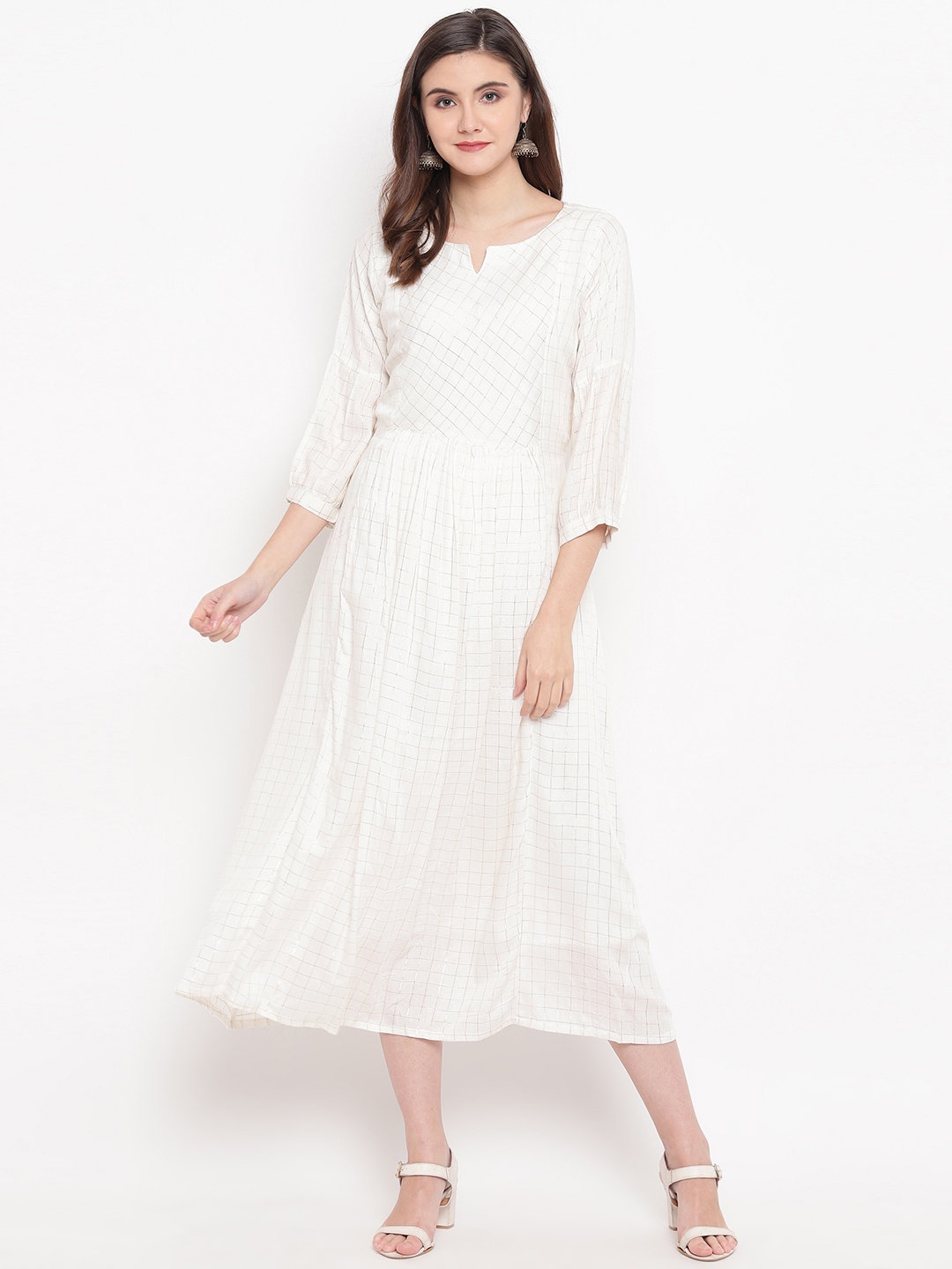 

Kvsfab Women White Checked Fit and Flare Dress