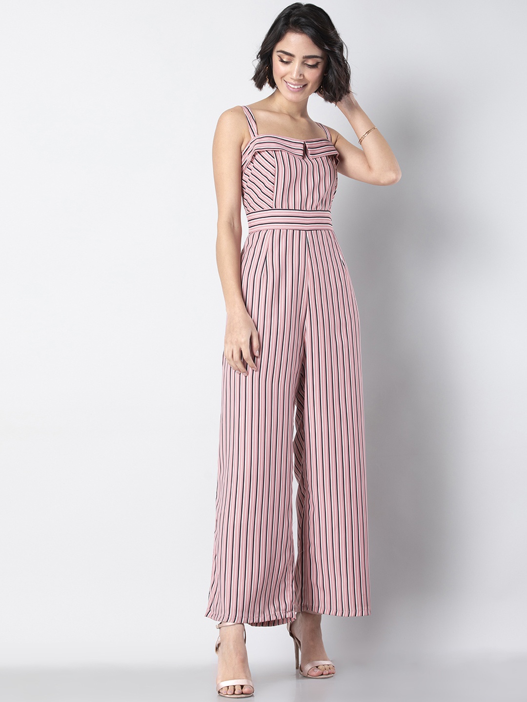 

FabAlley Women Pink & Black Striped Basic Jumpsuit